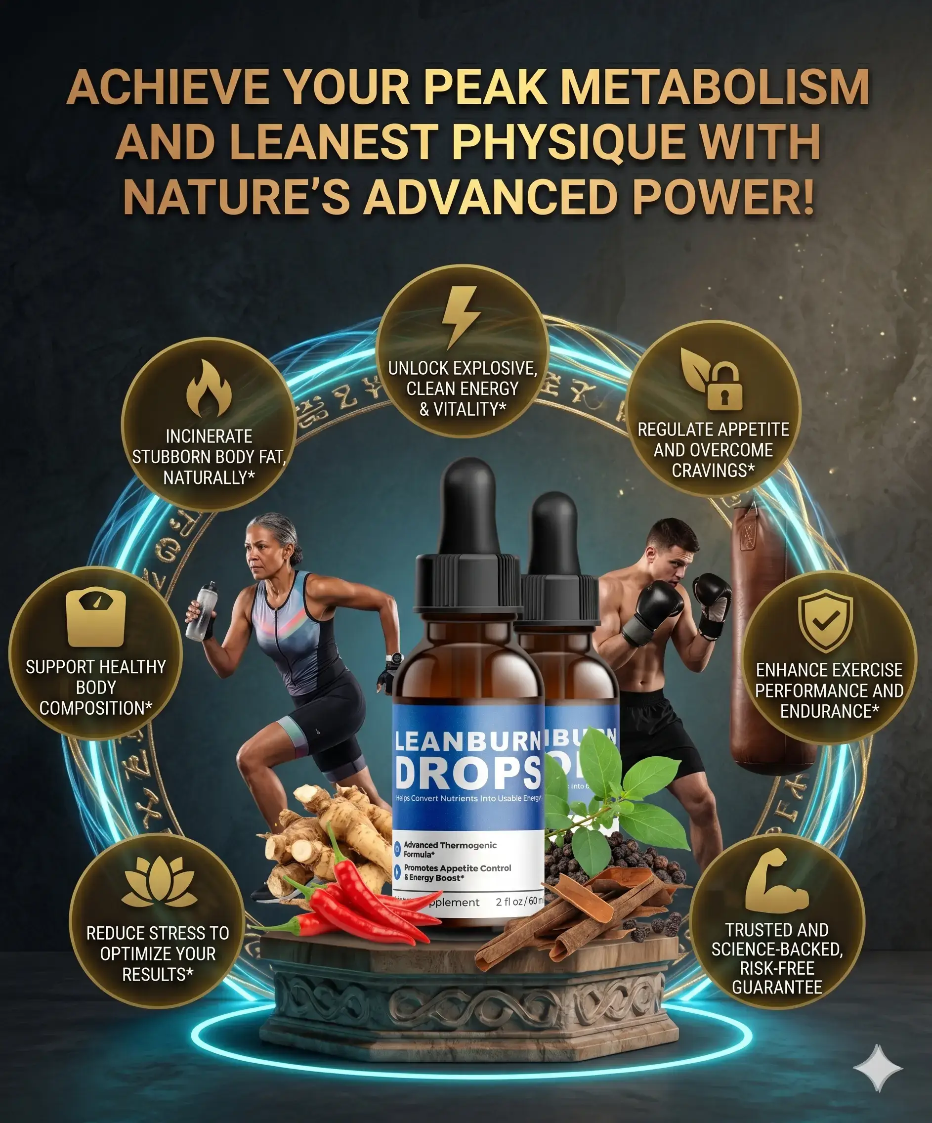 LeanBurn Drops metabolism support benefits with product bottles and natural ingredients